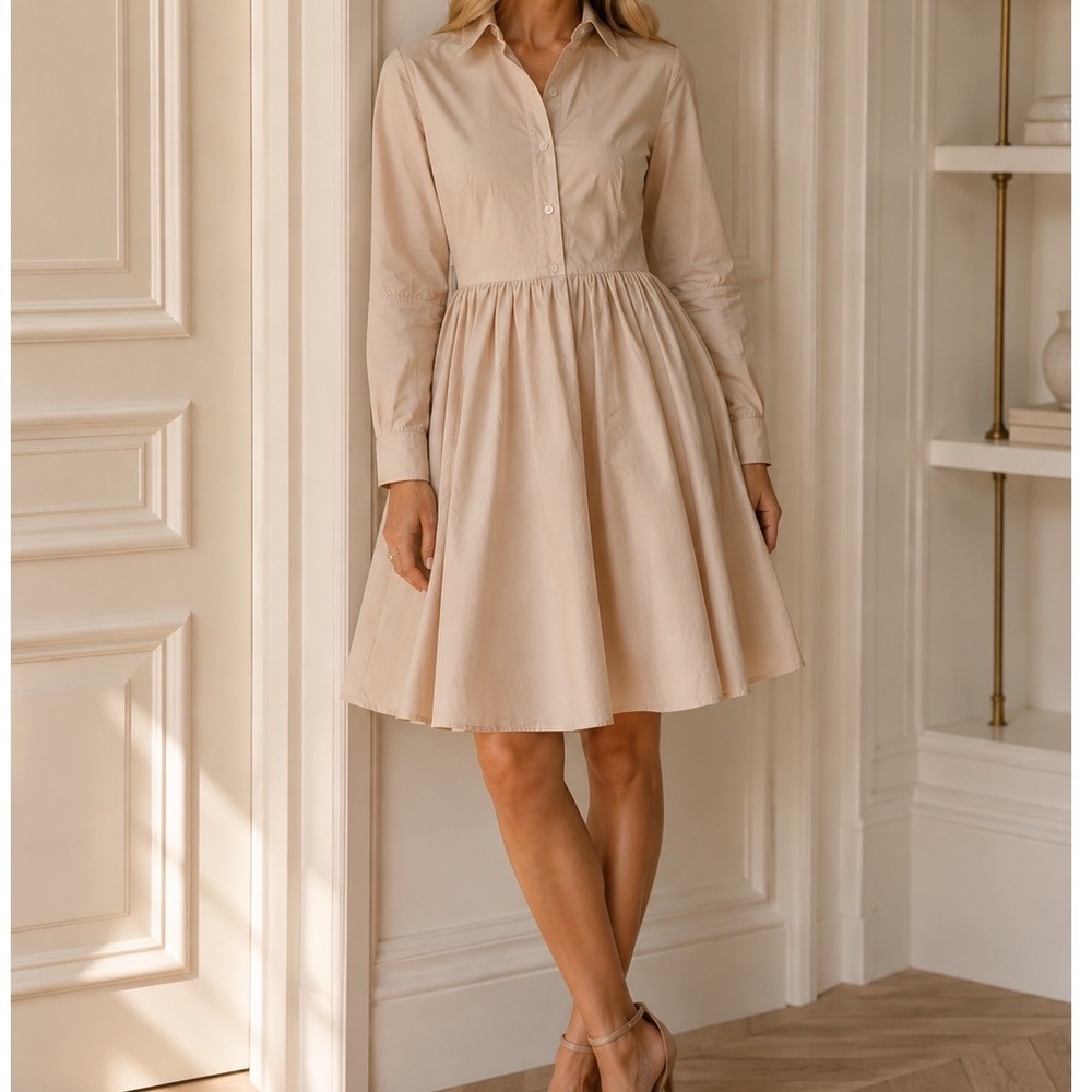 Hunter Bell New York Tan Beige Long Sleeve Pleated Full Skirt Shirt Dress XS